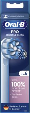 Oral-B PRO Sensitive Clean końcówki, 4 sztuki, niebieskie opakowanie z obrazem główki szczoteczki, z przodu.