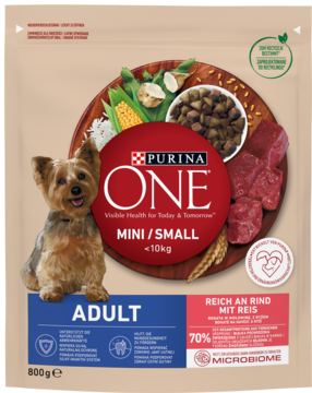 Beige Purina ONE Mini/Small Adult karma dla psów, 800g, z psem rasy York, wołowiną, ryżem i granulatem.