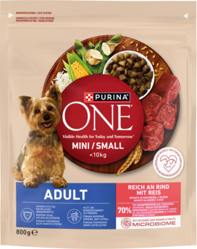 Purina ONE Mini Adult wołowina z ryżem, karma dla małych psów, beżowa torba, przód z terrierem.