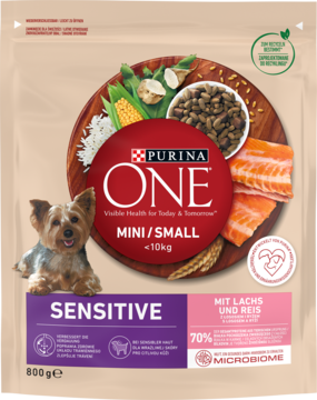 Purina ONE Mini Sensitive, karma dla małych psów z łososiem i ryżem, beżowo-różowe opakowanie, widok z przodu.