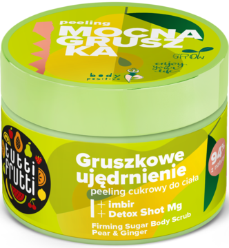 Tutti Frutti Gruszkowe ujędrnienie, peeling cukrowy do ciała. Zielony słoiczek z grafiką owoców, widok z przodu.