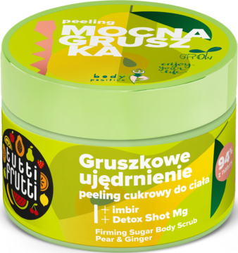 Tutti Frutti, zielony peeling cukrowy Gruszkowe Ujędrnienie z imbirem i Detox Shot Mg, widok z przodu.