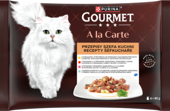 Purina Gourmet A la Carte, karma dla kota, ciemna saszetka z białym kotem, danie z rybą i warzywami.