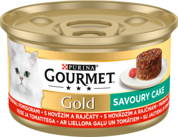 Złota puszka Purina Gourmet Gold Savoury Cake karma dla kotów, biały kot i danie w formie ciasta, widok z przodu.