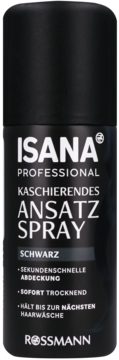 Isana Professional spray na odrosty czarny, widok z przodu, czarna butelka z białym napisem.