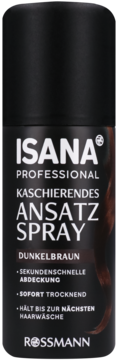 Ciemnobrązowy spray na odrosty Isana Professional, widok z przodu, szybkoschnący, kryjący, maskuje odrosty.