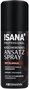 Isana Professional Root Spray w kolorze średniego brązu, czarny spray do odrostów z białymi napisami, widok frontalny.