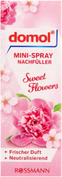 Domol Mini-Spray Nachfüller Sweet Flowers, różowe opakowanie z piwonią, wkład odświeżacza, widok z przodu.