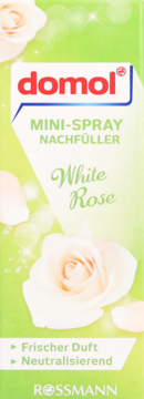 domol Mini-Spray Nachfüller White Rose, zielone opakowanie z białymi różami, odświeżacz powietrza neutralizujący.