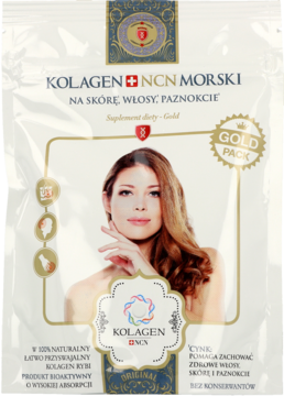 Biała saszetka Kolagen NCN Morski, suplement diety dla skóry, włosów i paznokci, ze złotym napisem "GOLD PACK".
