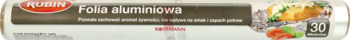 Opakowanie folii aluminiowej Rubin w szaro-brązowym kolorze, z czerwonym logo i ilustracjami jedzenia, widok z przodu.