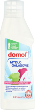 Biała butelka mydła galasowego domol, skuteczny odplamiacz do tkanin, widok z przodu z etykietą i koszulkami.