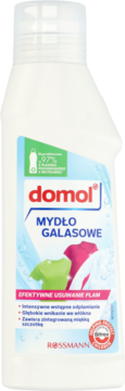 Biała butelka mydła galasowego domol, skuteczny odplamiacz do tkanin, widok z przodu z etykietą i koszulkami.