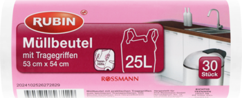 Worki na śmieci RUBIN Müllbeutel 25L z uchwytami, różowe opakowanie 30 sztuk, 53x54 cm, widok z przodu.