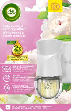 Air Wick elektryczny odświeżacz, biały dyfuzor z wkładem Biała Peonia & Kwitnący Jasmin. Różowe opakowanie z kwiatami.