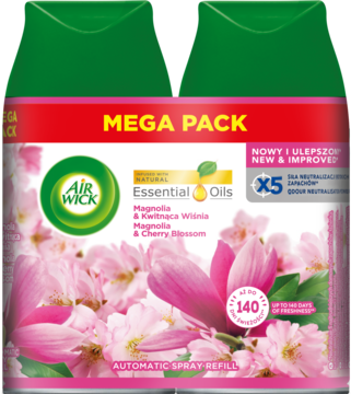 Air Wick Freshmatic Automatic Spray Refill Mega Pack, zapach Magnolia & Kwitnąca Wiśnia, z różowymi kwiatami.