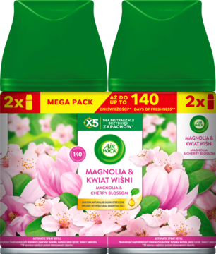 Podwójny wkład Air Wick Freshmatic Magnolia & Kwiat Wiśni, zielono-białe opakowanie z różowymi kwiatami, widok z przodu.