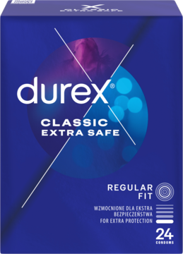 Prezerwatywy Durex Classic Extra Safe 24 szt., granatowe pudełko z logo, widok z przodu.