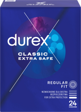 Prezerwatywy Durex Classic Extra Safe 24 szt., granatowe pudełko z logo, widok z przodu.