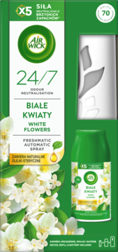 Opakowanie zestawu Air Wick Freshmatic Białe Kwiaty z białym urządzeniem, zielonym sprayem i jasnymi kwiatami jaśminu.