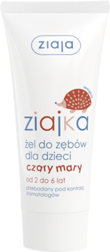 Biała tubka żelu do zębów Ziaja Ziajka Czary Mary dla dzieci 2-6 lat, z uroczym jeżem na etykiecie.
