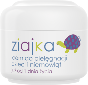 Biały słoik kremu Ziajka dla dzieci i niemowląt z grafiką żółwia, widok z przodu, napis od 1 dnia życia.