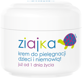 Biały słoik kremu Ziaja Ziajka do pielęgnacji dzieci i niemowląt z grafiką żółwia, widok z przodu.