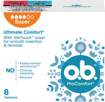 Białe pudełko tamponów o.b. ProComfort Super, przód, z logo, 'Ultimate Comfort' i 'no harmful substances'.
