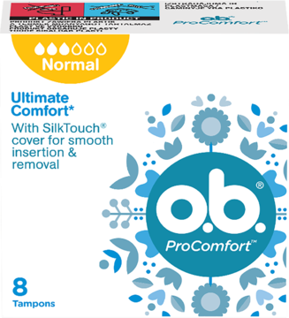 Białe pudełko tamponów o.b. ProComfort Normal, 8 sztuk, z żółtym wskaźnikiem chłonności, niebieskimi zdobieniami.