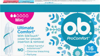 o.b. ProComfort tampony Mini, opakowanie 16 sztuk, biało-niebieskie, widok z przodu, z SilkTouch dla komfortu.