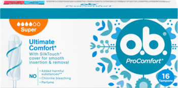 Opakowanie tamponów o.b. ProComfort Super 16 szt. z SilkTouch, widok z przodu, bez perfum i chloru.