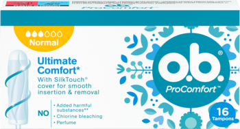o.b. ProComfort tampony Normal, 16 sztuk, białe opakowanie z żółtym napisem 'Normal' i SilkTouch, widok z przodu.