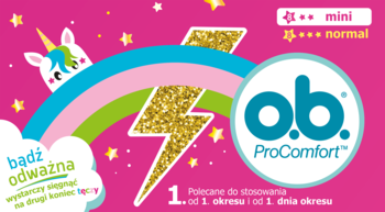 Tampony o.b. ProComfort Mini i Normal na różowym tle z wesołym jednorożcem, tęczą i brokatowymi piorunami.