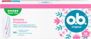 o.b. Original Super Plus tampony, białe opakowanie z turkusowo-różowym wzorem, 16 sztuk, z zakrzywionymi rowkami.
