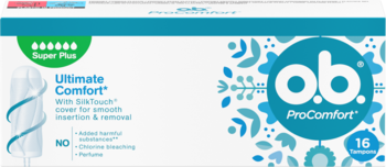 Opakowanie tamponów o.b. ProComfort Super Plus Ultimate Comfort, biało-niebieskie, widok z przodu, 16 szt.