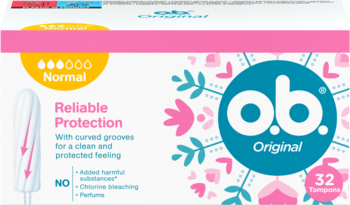 Białe pudełko o.b. Original tampony Normal 32 szt. Widok z przodu. Różowo-niebieskie wzory, napis Reliable Protection.
