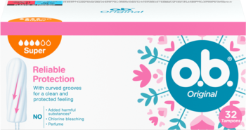 o.b. Original Super tampony w biało-różowym pudełku, 32 sztuki, widok z przodu, pod kątem.