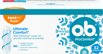 Opakowanie o.b. ProComfort Super tampony, biało-turkusowe, z napisem 'Ultimate Comfort' i grafiką tamponu.