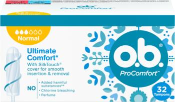 Białe opakowanie tamponów o.b. ProComfort Normal (32 szt.) z napisem 'Ultimate Comfort', widok z przodu.