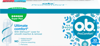 Opakowanie tamponów o.b. ProComfort Super Plus, białe z turkusowym logo, widoczne 32 sztuki i hasło „Ultimate comfort”.