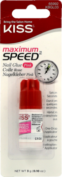 KISS Maximum Speed Nail Glue Pink w blistrze, szybkoschnący, mała butelka z czerwoną nakrętką, widok z przodu.