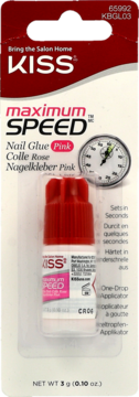 KISS Maximum Speed Nail Glue Pink w blistrze, szybkoschnący, mała butelka z czerwoną nakrętką, widok z przodu.