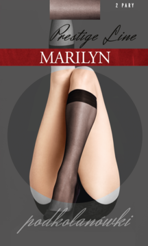 Czarne, półmatowe podkolanówki Marilyn Prestige Line 15 DEN z lycry 3D, częściowo na nodze, na tle opakowania.