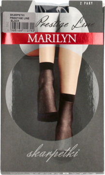 Opakowanie skarpetek Marilyn Prestige Line 15 DEN, czarnych, z okrągłym wycięciem prezentującym nogi.