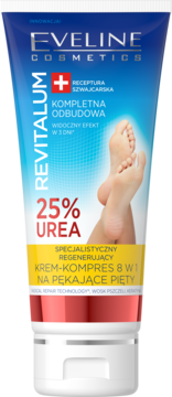 Niebieska tubka kremu Eveline Revitalum 25% Urea na pękające pięty, z grafiką stóp, widok z przodu.
