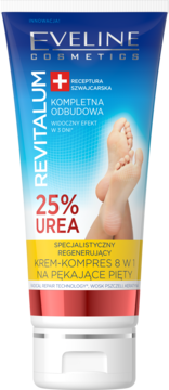 Niebieska tubka kremu Eveline Revitalum 25% Urea na pękające pięty, z grafiką stóp, widok z przodu.