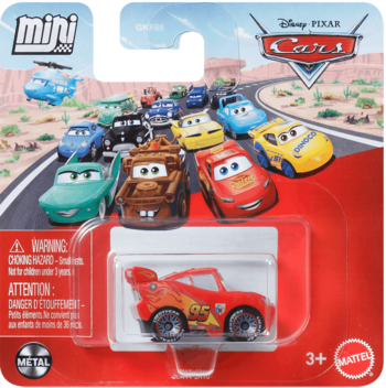 Figurka kolekcjonerska, czerwony Zygzak McQueen mini w opakowaniu blister z grafiką Cars na tle drogi.