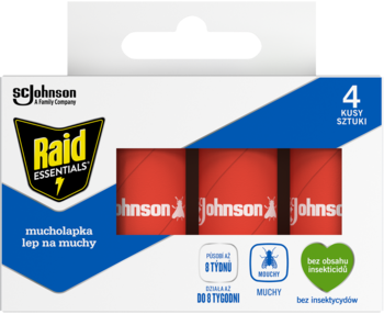Raid Essentials lep na muchy, 4 sztuki, biało-niebieskie opakowanie z widocznymi czerwonymi pułapkami, bez insektów.