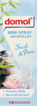 domol MINI-SPRAY Fresh & Pure Nachfüller, błękitne opakowanie z motywem spa, neutralizujący świeży zapach, widok z przodu.
