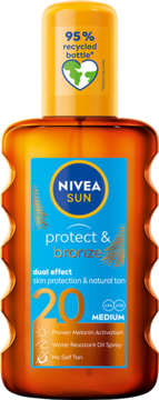 NIVEA SUN Protect&Bronze olejek w sprayu SPF 20 w bursztynowej butelce, 95% z recyklingu, widok z przodu.